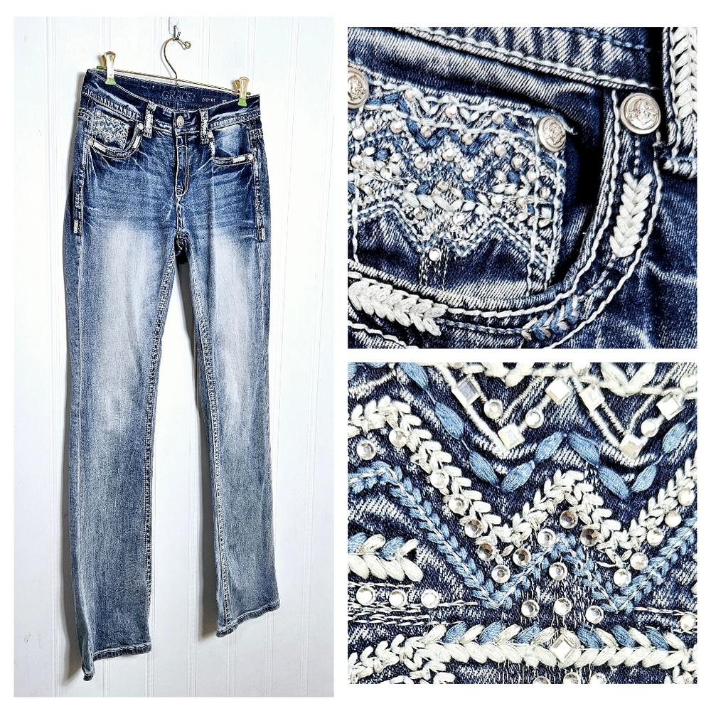 Grace in LA Rhinestone Embroidered Pocket Bootcut Jeans Size 27